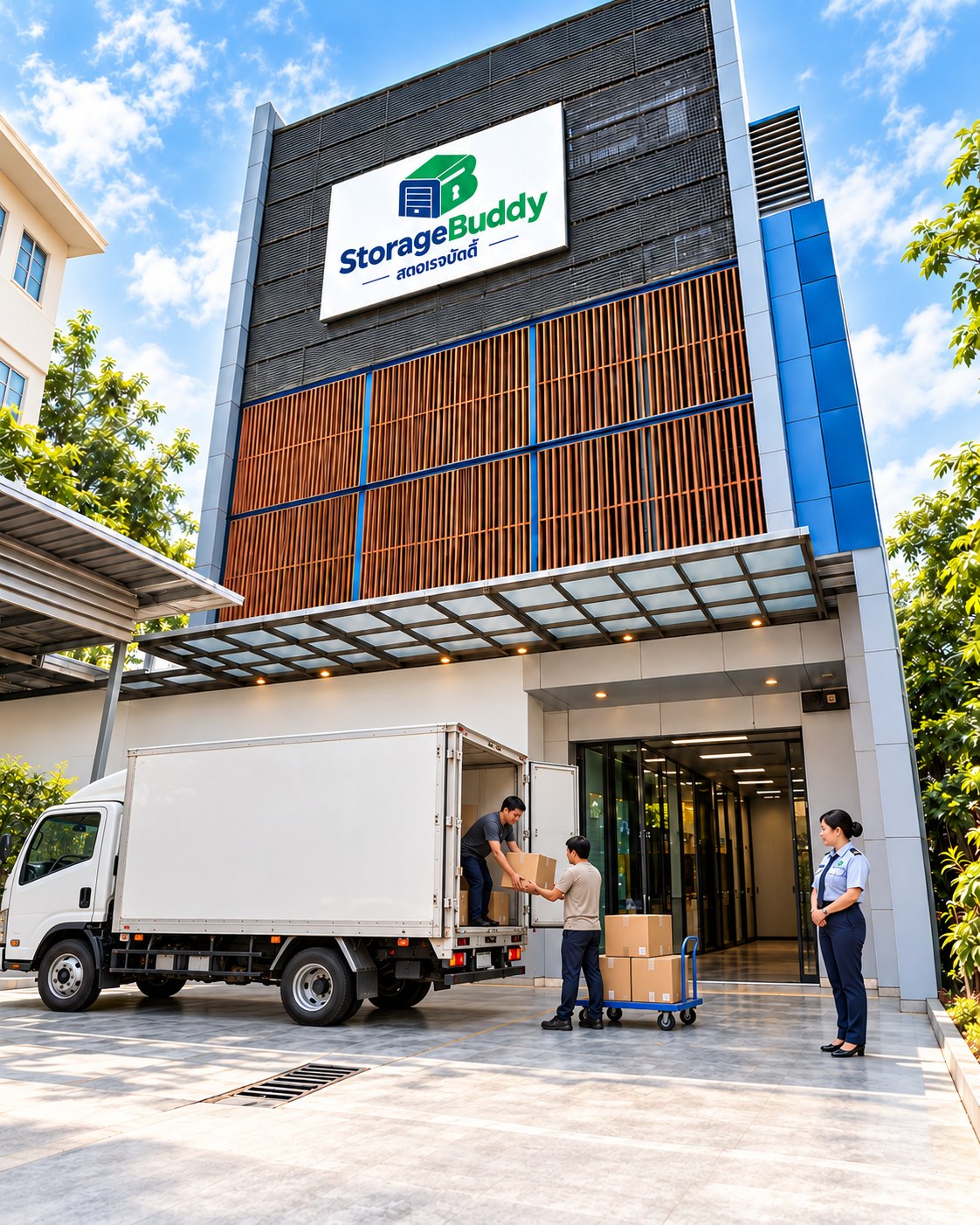 แบบด้านหน้าอาคาร StorageBuddy พระราม 3 พร้อมทางเข้าและจุดขนของ
